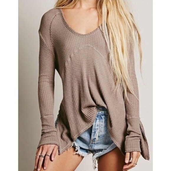 Free People Tops - Free People Sunset Park Drippy Thermal Waffle Knit Top Long Sleeve Beige Tunic S